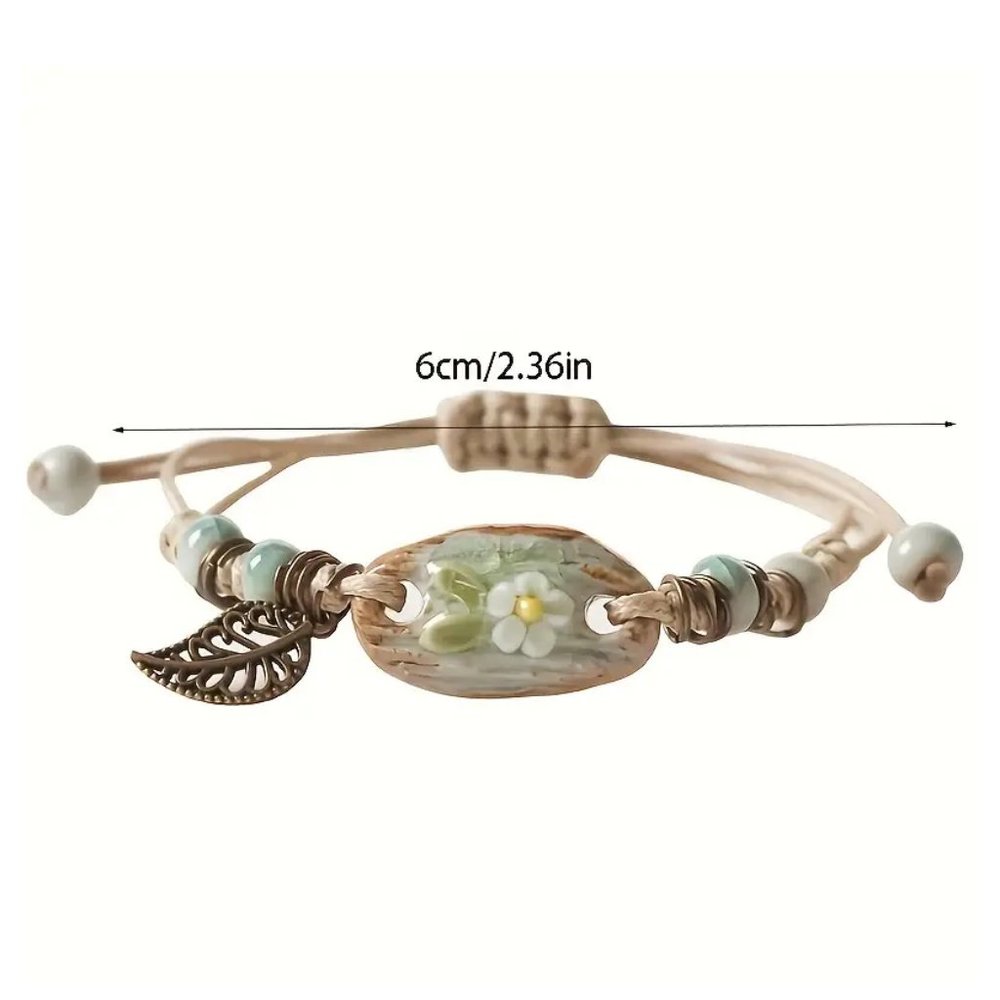 Adjustable Flower Bracelet Leaf Accent Boho Vintage Style Womens Jewelry Gift - Picture 7 of 7